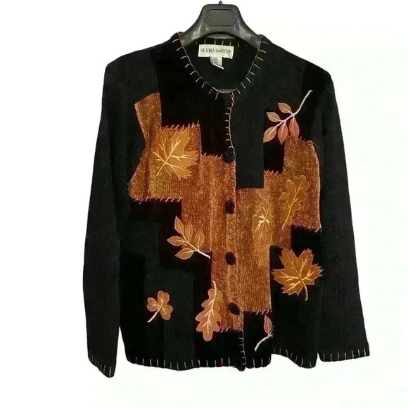 Vintage 80s Victoria Harbour Sweater Size M  Leaf Patchwork Print Black Fall - Picture 6 of 13